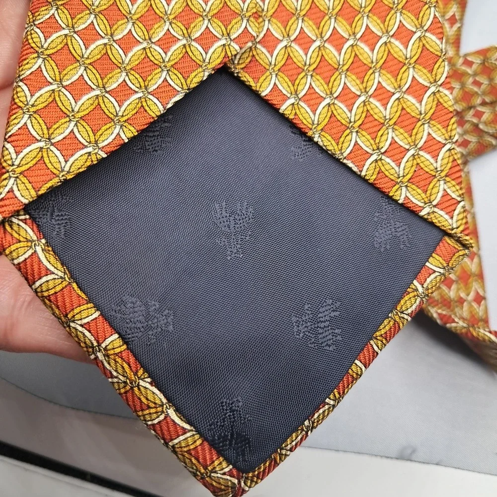 Brooks Brothers Makers Silk Necktie‎ Mens Red Gold Geometric Print Tie Office